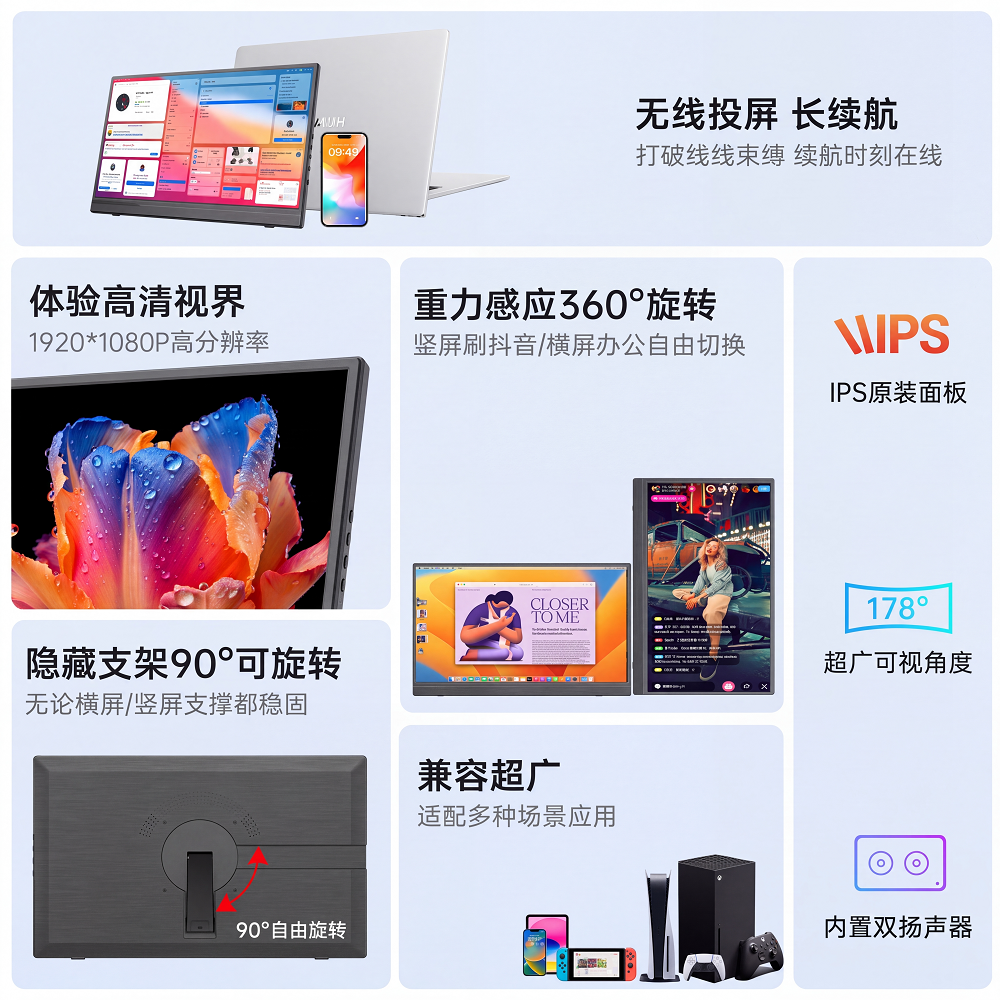 无线 HDMI 发射器与内置接收器便携显示屏
